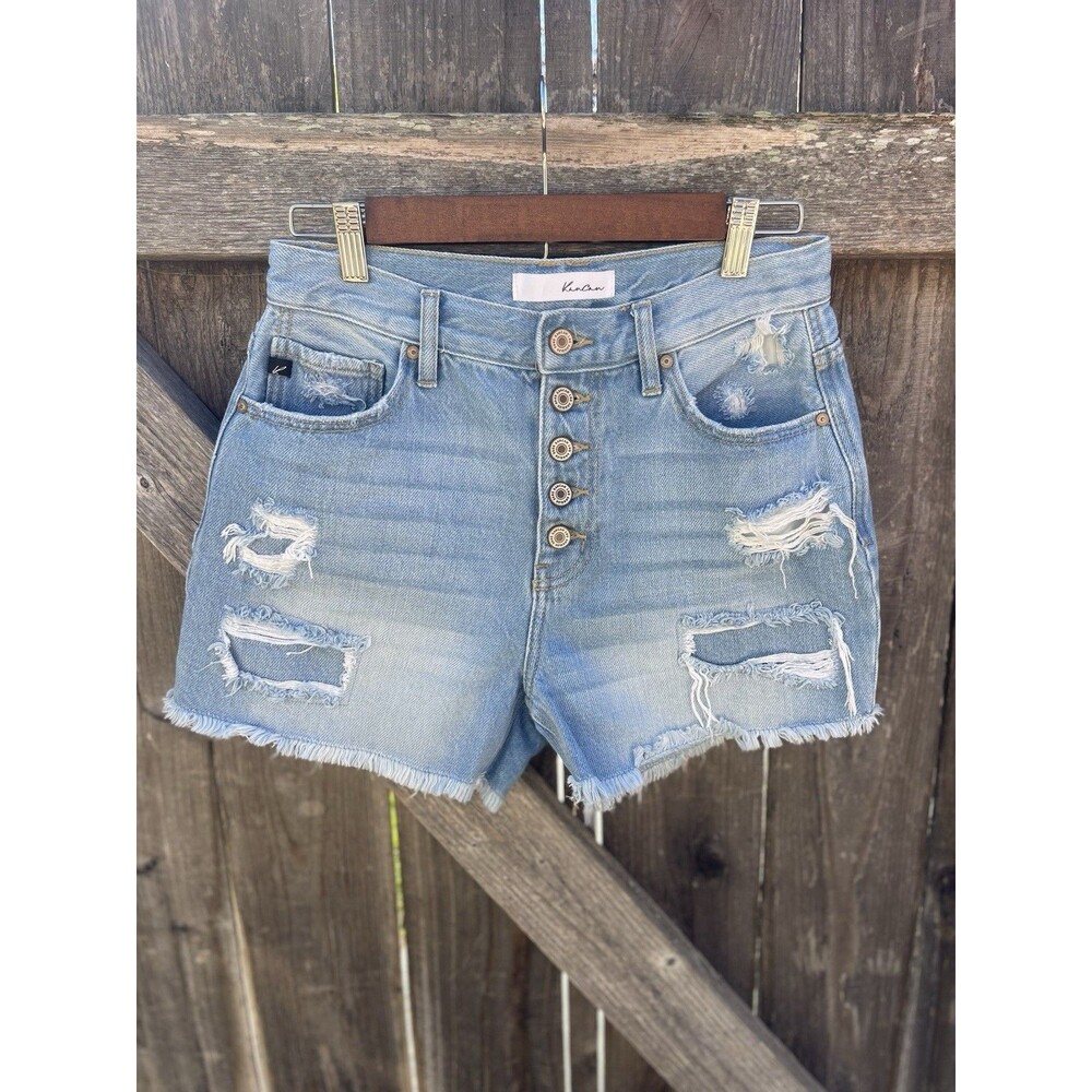 Kancan Shorts Womens Size 5 Blue Denim Cutoff Button Fly Distressed Mid Rise